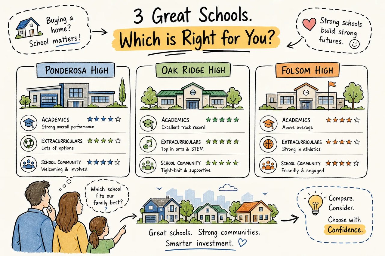 Infographic comparing Ponderosa, Oak Ridge, and Folsom high schools by academics, extracurriculars, and community.