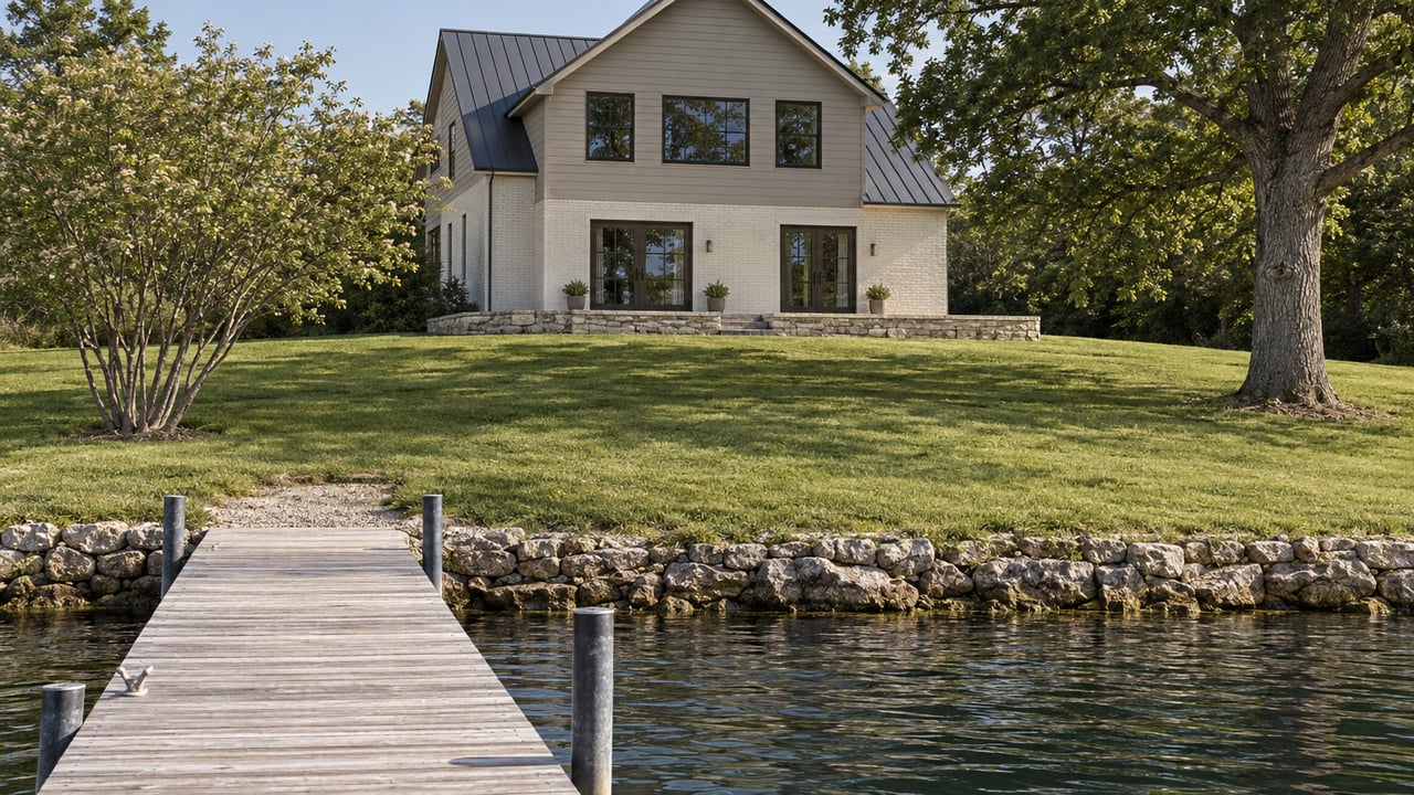 Two-story waterfront house above a sloping lawn, with a narrow timber dock extending over the water.
