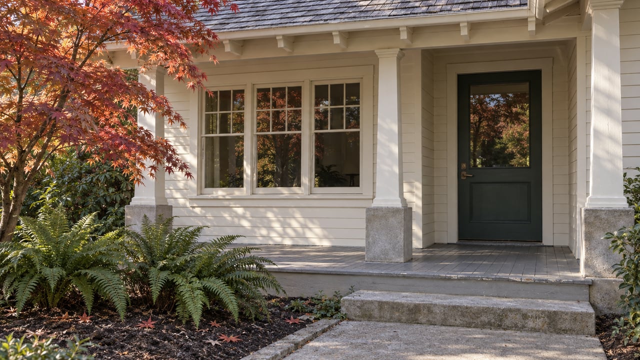 Cream clapboard cottage porch with a green glazed door, divided-light windows and an autumn Japanese maple beside a concrete garden path.