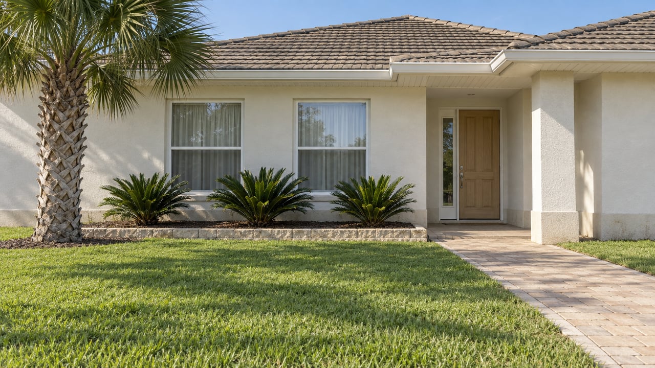 Ivory single-story home with a recessed wood entry, pale paver walk, green lawn and a mature palm in afternoon light.