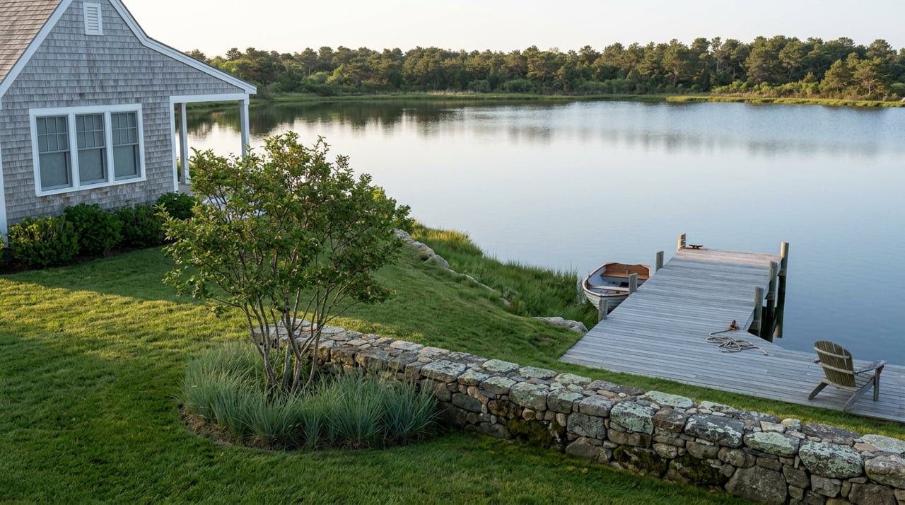 Shingle-style house above a lawn, fieldstone wall, weathered dock, overturned rowboat and still water.