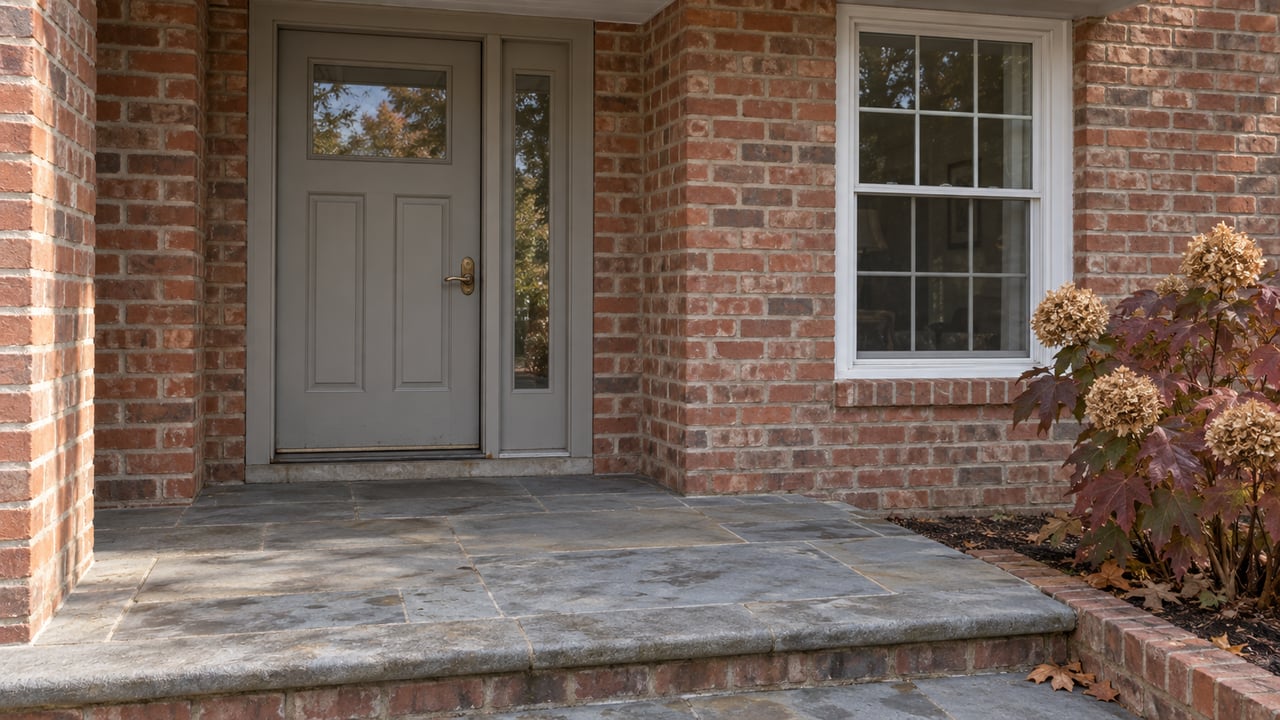 Red-brick home entry with a warm-gray door, weathered bluestone steps and burgundy oakleaf hydrangea.