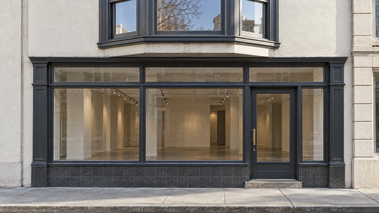 Narrow mixed-use building with a three-sided upper bay window and a glass-fronted shop entrance.