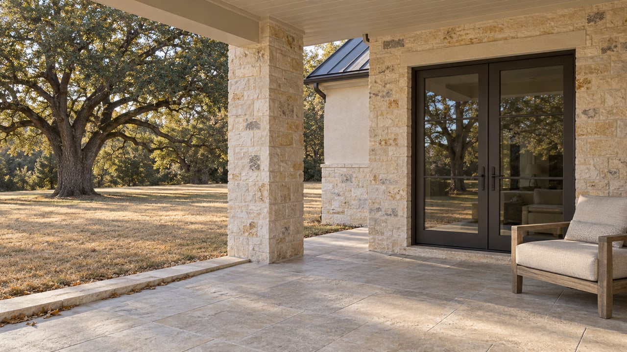 Covered limestone terrace with bronze-framed glass doors, a teak lounge chair and a spreading oak beyond the lawn.