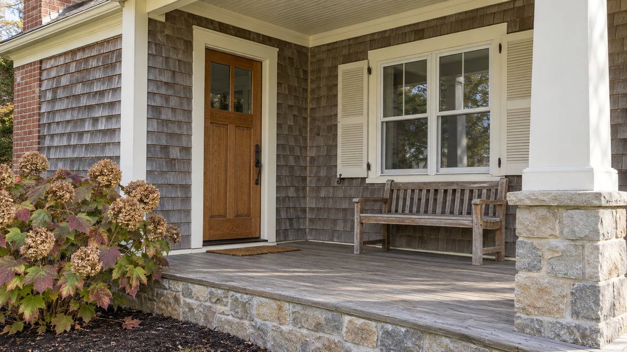 A covered front porch with weathered cedar shingles, an oak entrance door, limestone supports, and autumn oakleaf hydrangea.