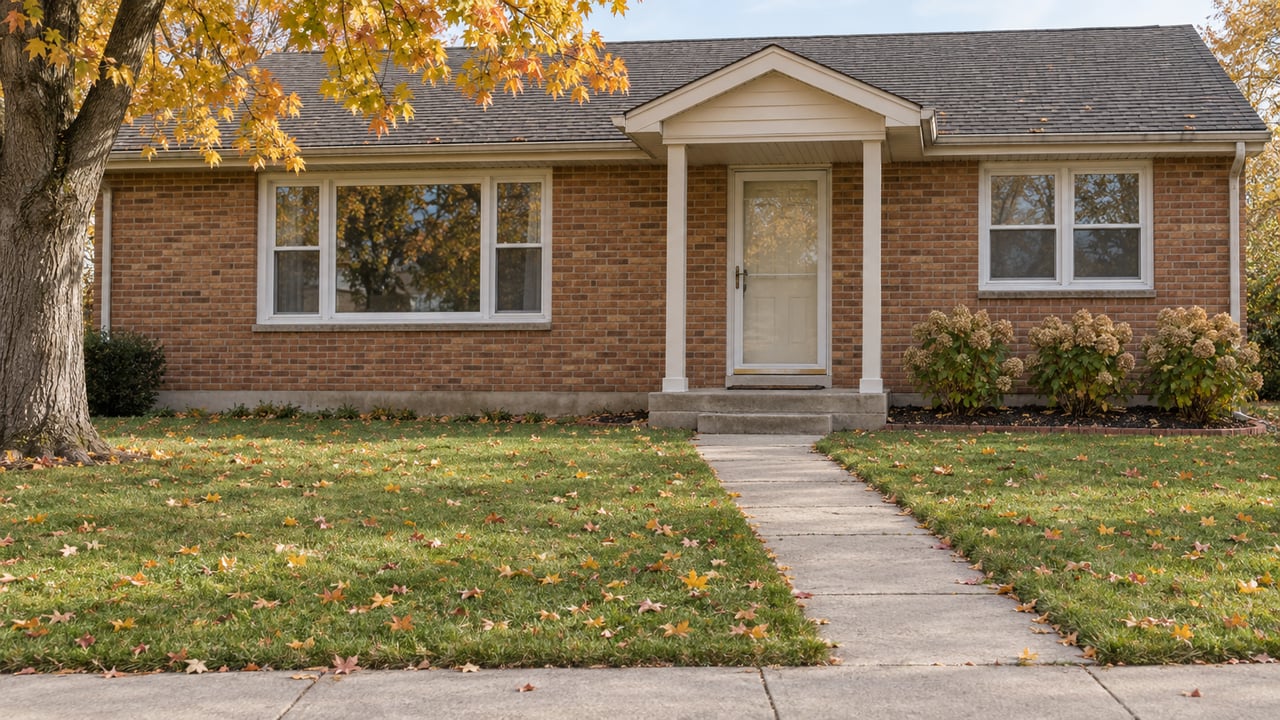 Modest brick ranch with a broad autumn lawn, concrete front walk, and amber sugar maple beside the entry.