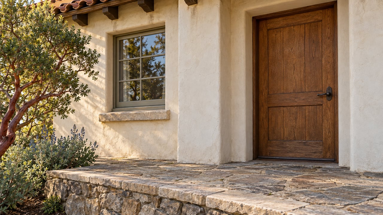 Morning light on a weathered stucco home's oak entry door, divided-light window and stone terrace beside red-barked manzanita.