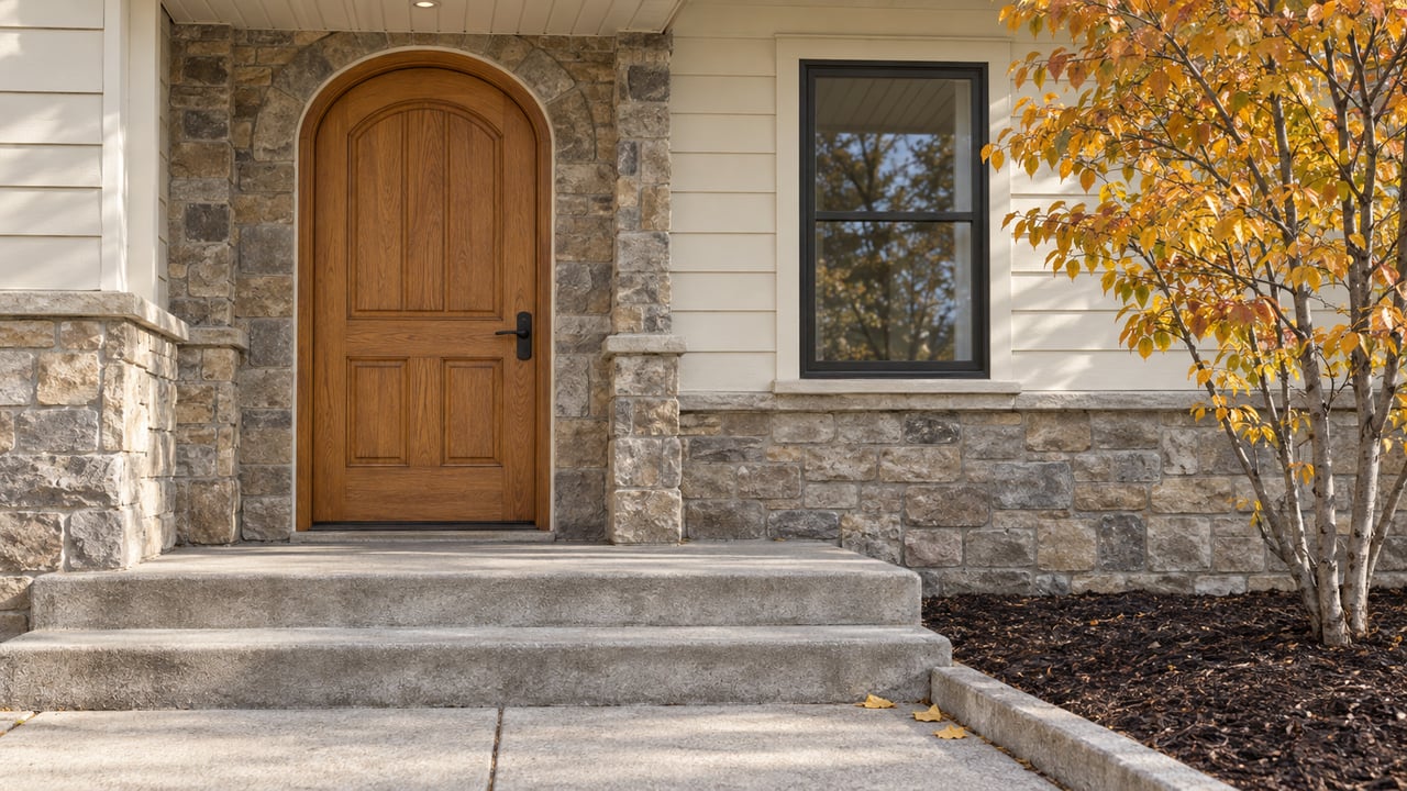 Arched oak front door beside cream siding and textured stone, with concrete porch steps and copper-yellow serviceberry leaves.