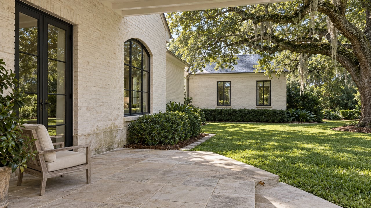Cream masonry estate terrace with limestone paving, black-framed glazed doors and a mature spreading oak beside a green lawn.