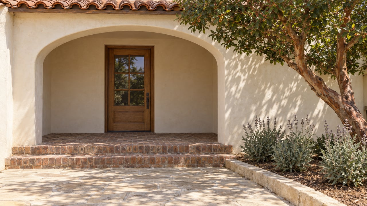 Sunlit ivory plaster arch shelters a glazed oak front door above worn brick steps, beside a sculptural strawberry tree and silver-leaved sage.