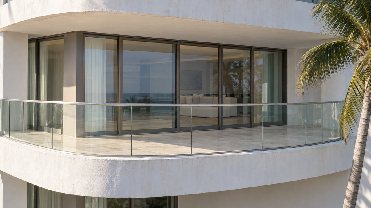 Curved condominium balcony with a clear-glass railing, recessed sliding doors, and a coconut palm at the edge.