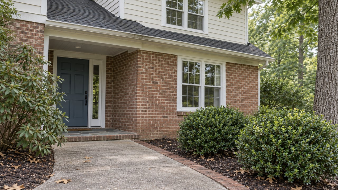 Brick two-story house with ivory siding, slate-blue entry door, concrete walk, and leafy planting bed.
