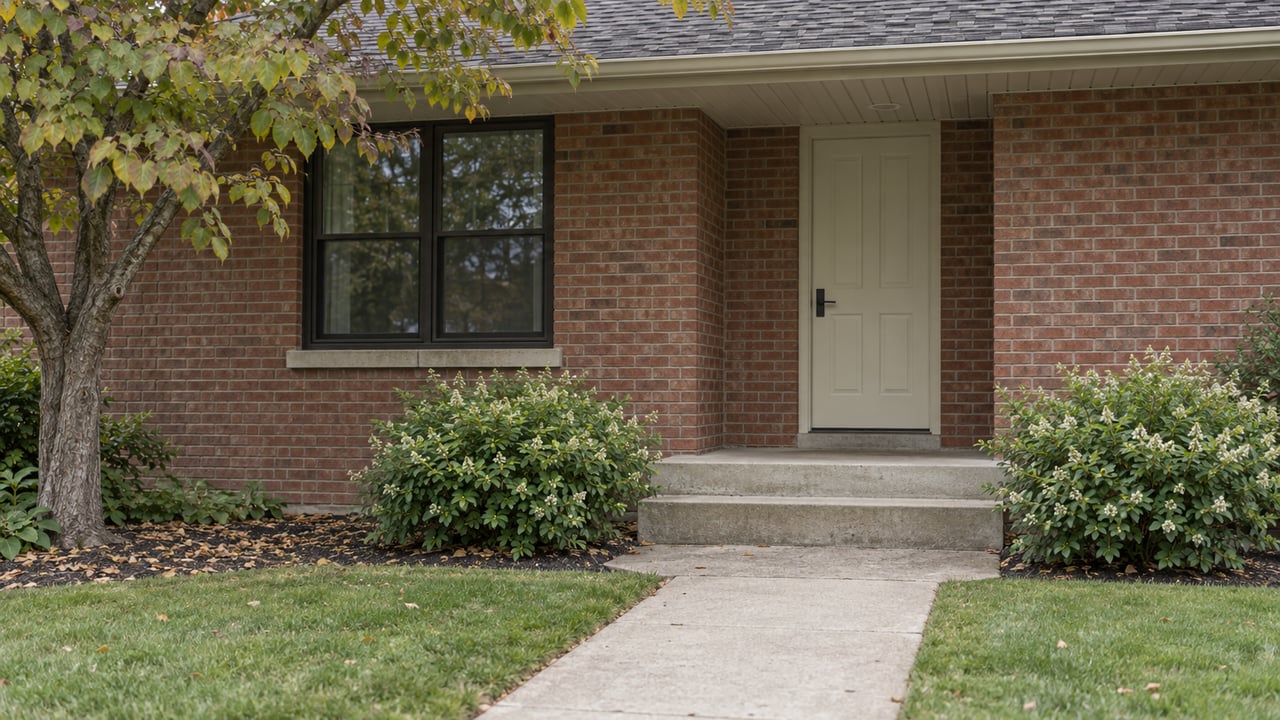 Brick ranch entrance with a recessed cream door, concrete steps, redbud tree, and shrubs.