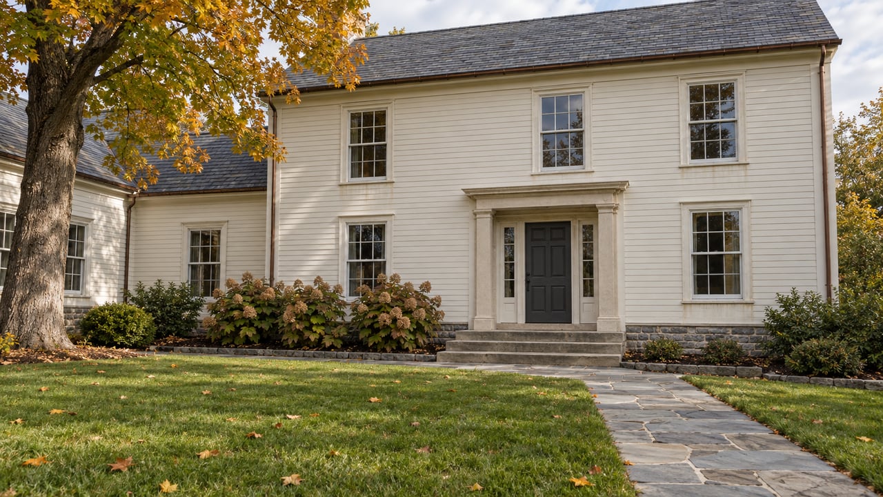 Ivory clapboard house with divided-light windows, limestone entry steps and a bluestone approach across an autumn lawn.