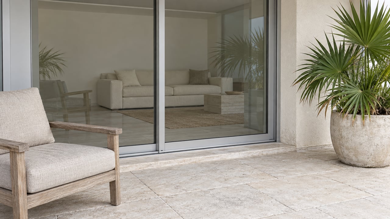 Covered condominium terrace with pale concrete pavers, a teak lounge chair, a potted saw palmetto and closed sliding glass doors.