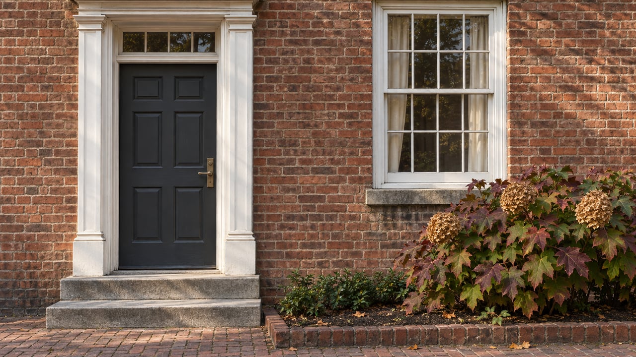 Red brick building entrance with a black paneled door, stone steps, and autumn shrubs.