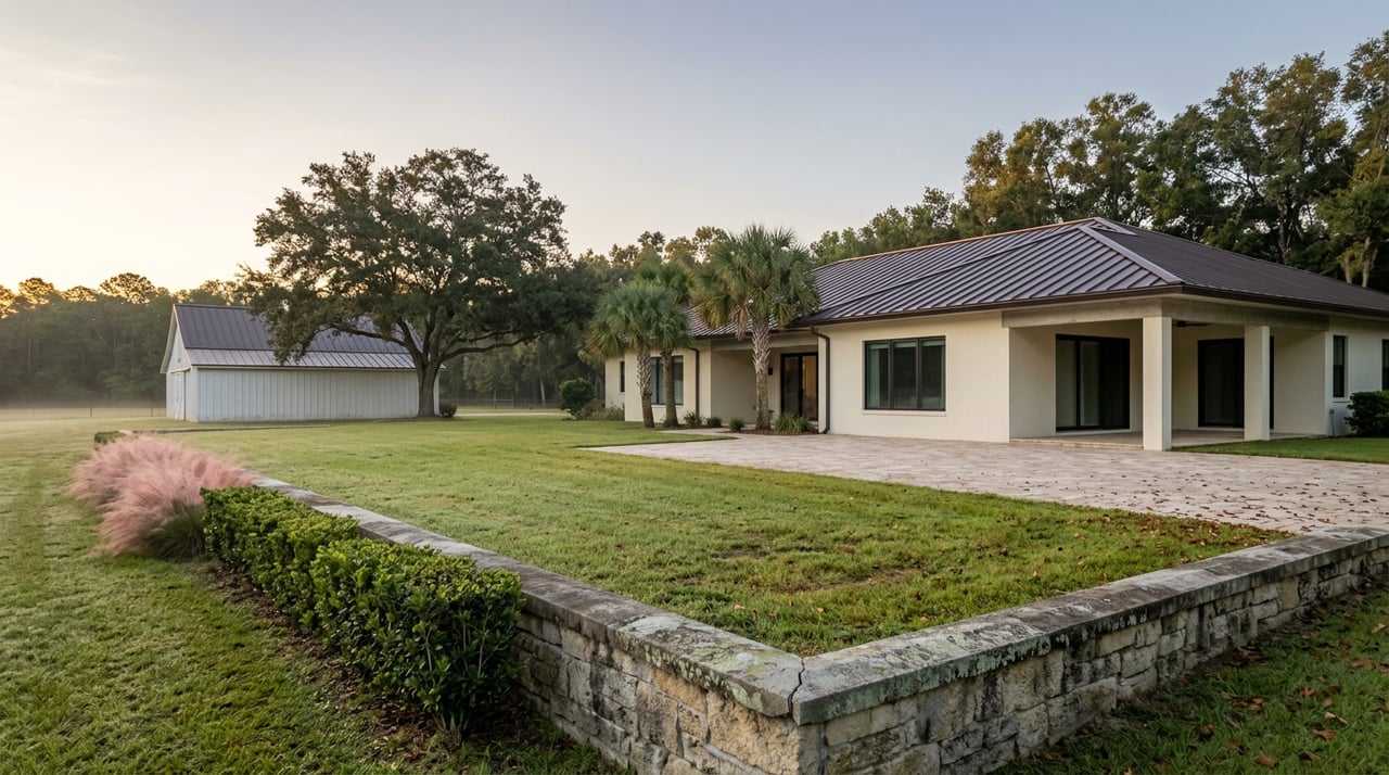 Cream stucco home and white detached barn beyond open pasture, with a spreading oak and low stone wall.