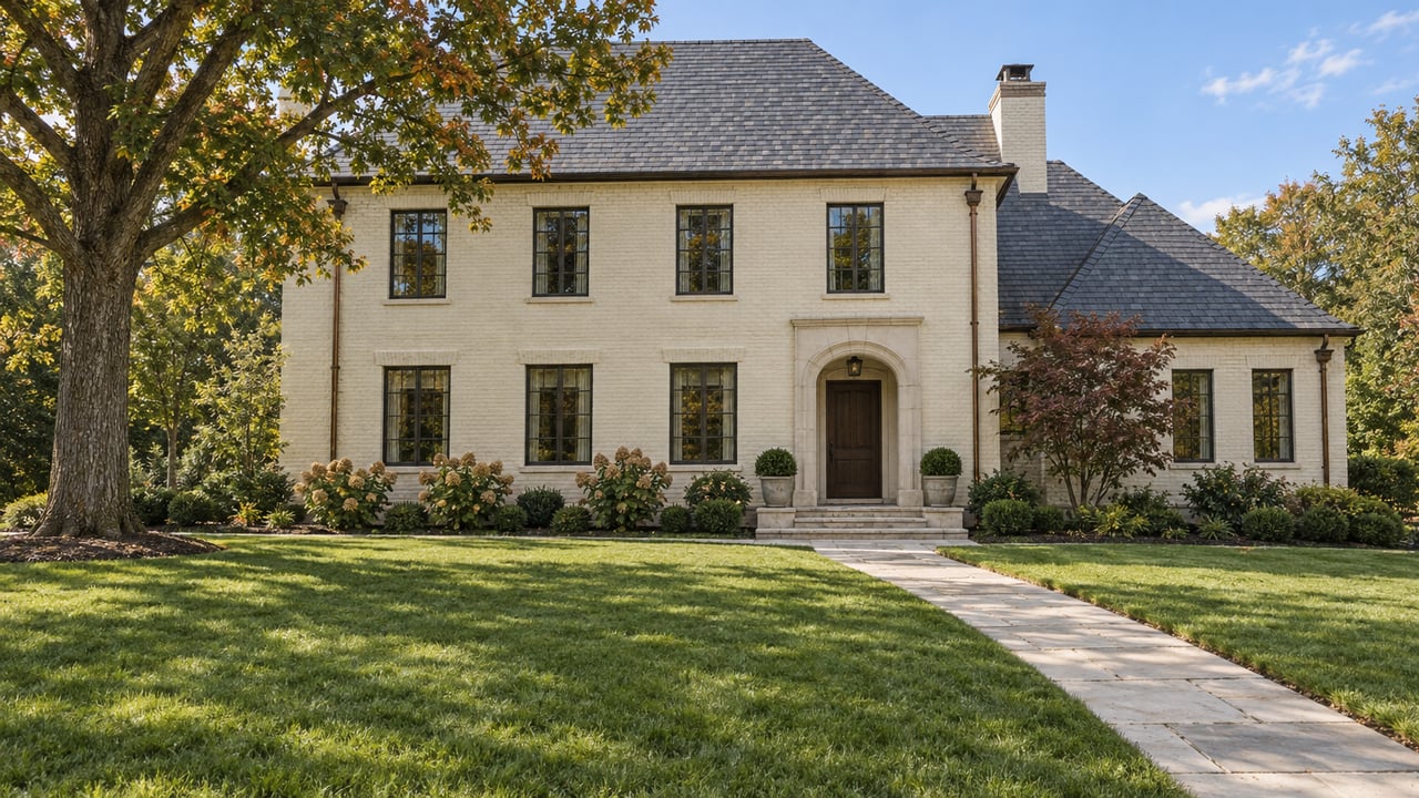 Cream painted-brick home beyond a broad green lawn, with a slate roof, limestone entry walk and mature oak.