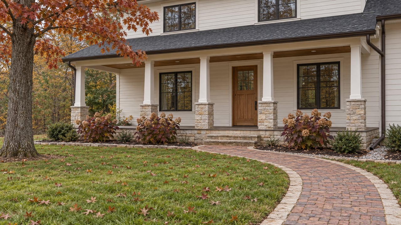 An ivory wood-sided home with an oak entry door and covered porch beyond an autumn lawn and curved brick walk.