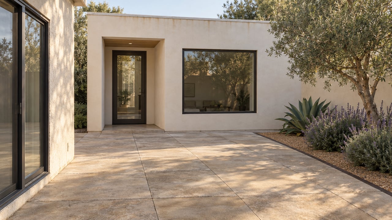 Detached stucco dwelling across a paved courtyard from the main house, with an olive tree and recessed entry.