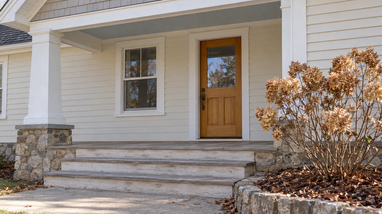 Cream-sided cottage entrance with a glazed wood door, weathered cedar porch steps, fieldstone foundation, and dried hydrangea flowers.