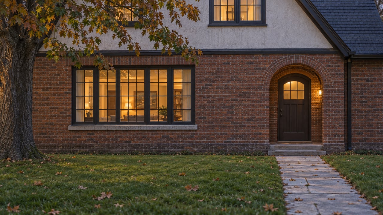Brick-and-stucco Tudor-revival house with a steep dark gable, arched door, and glowing multipane window.