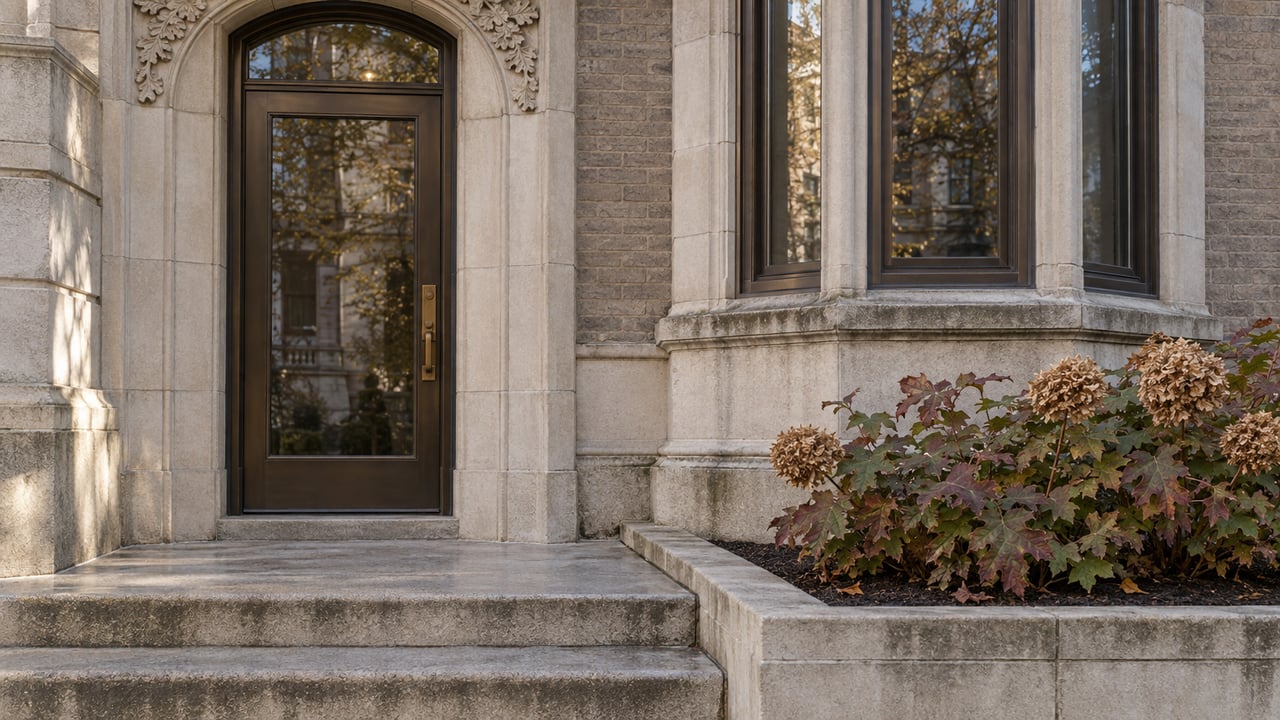 Weathered limestone entrance with a bronze glazed door, tall bay window and burgundy oakleaf hydrangea beside worn stone steps.