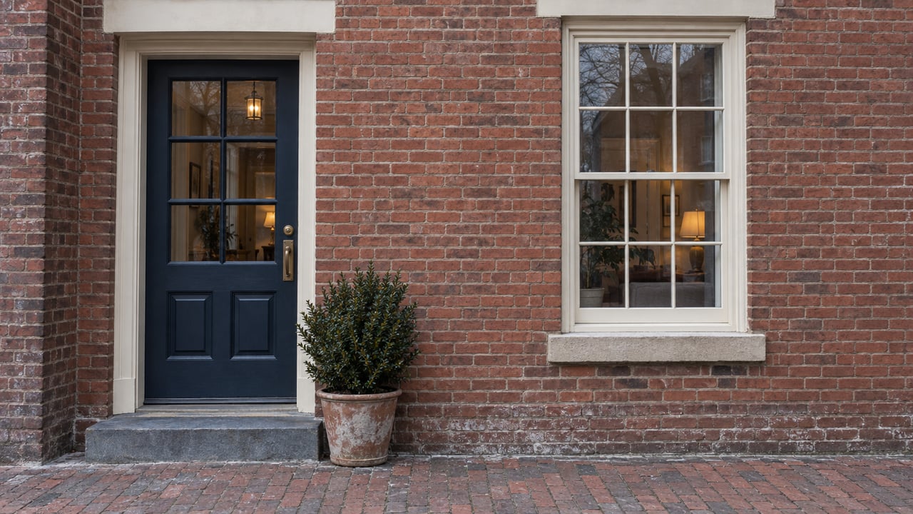 Red-brick townhouse with a navy glazed door, divided-light window, and potted shrub by the step.