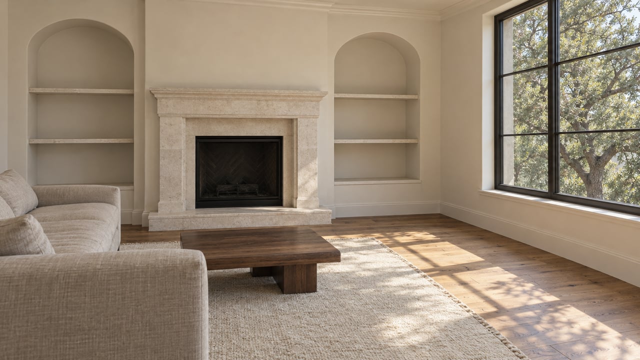 Airy condominium living room with a pale limestone fireplace, oak floors, linen sofa and a broad window overlooking an oak canopy.