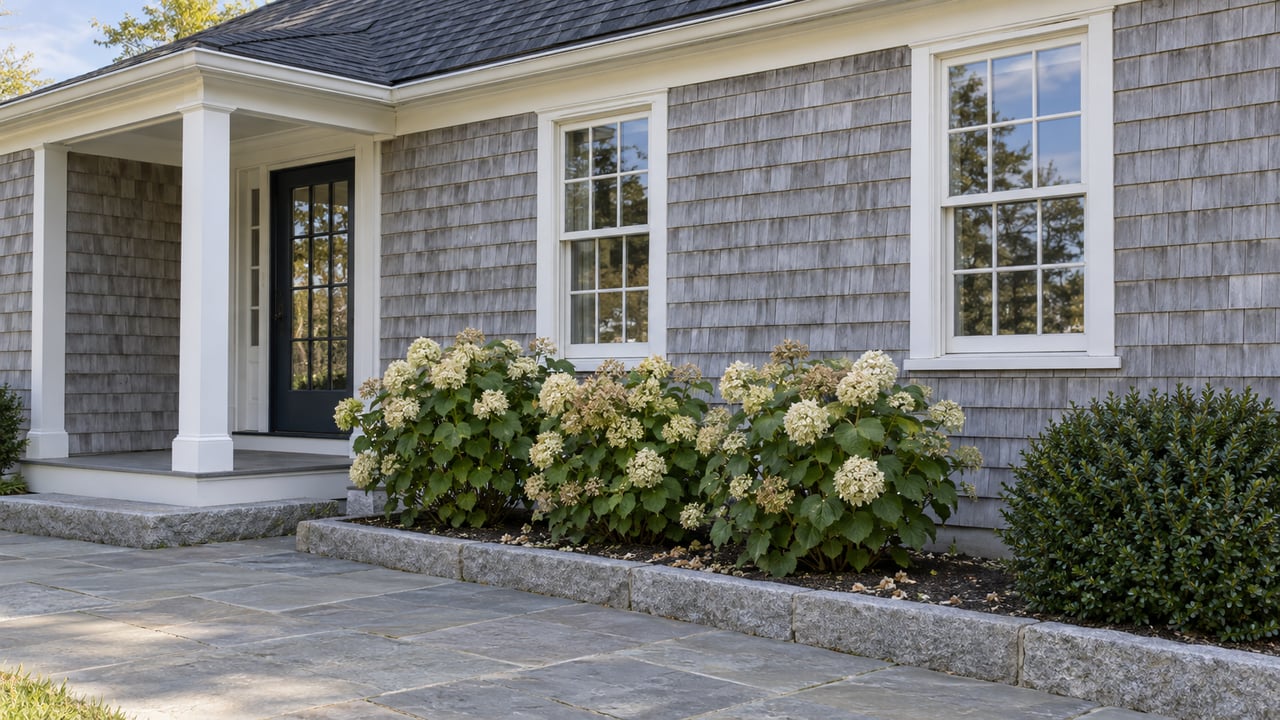 Gray-shingled house with a covered porch, white-trimmed windows, and hydrangeas beside a bluestone walk.