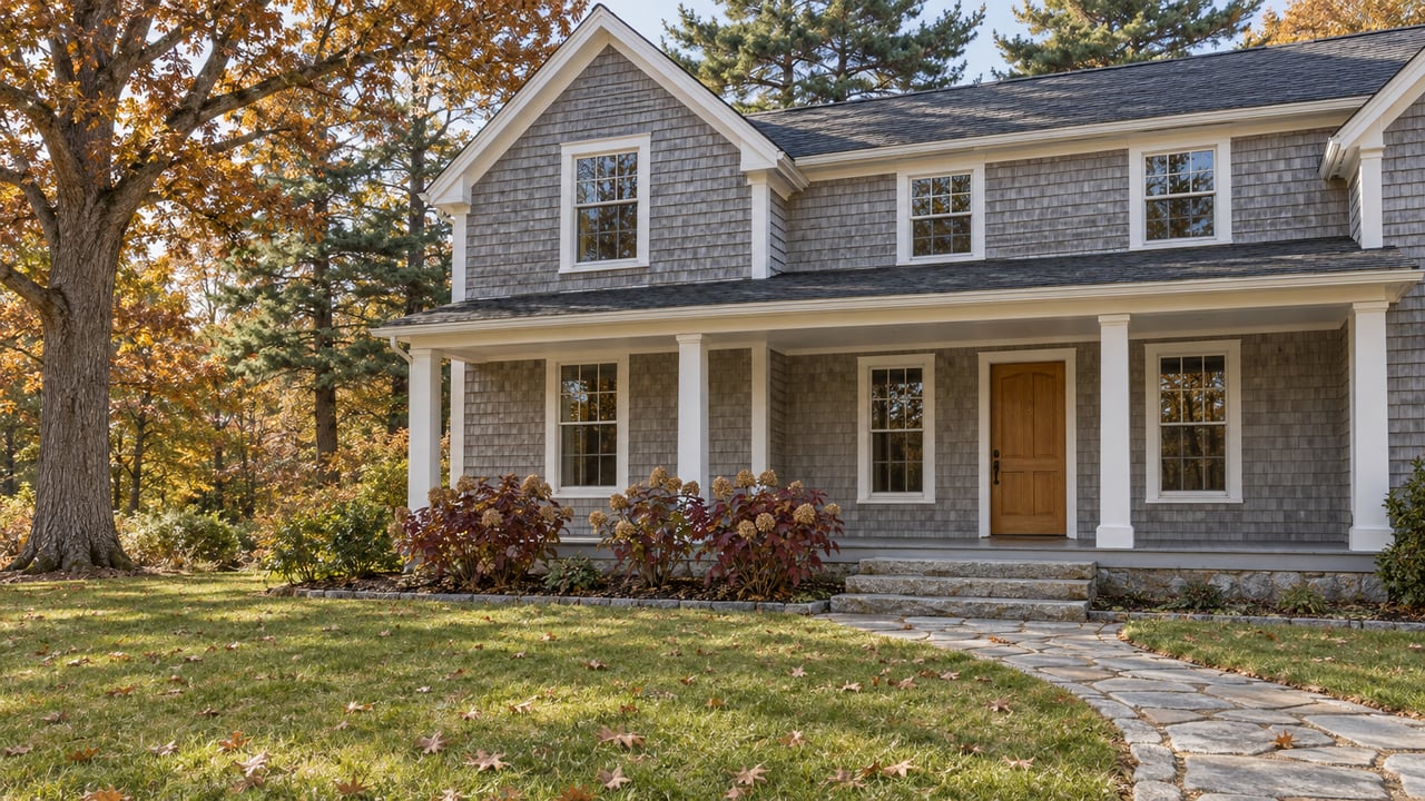 Weathered gray shingle home with a covered porch, granite approach, broad autumn lawn, and mature oak and pine trees.