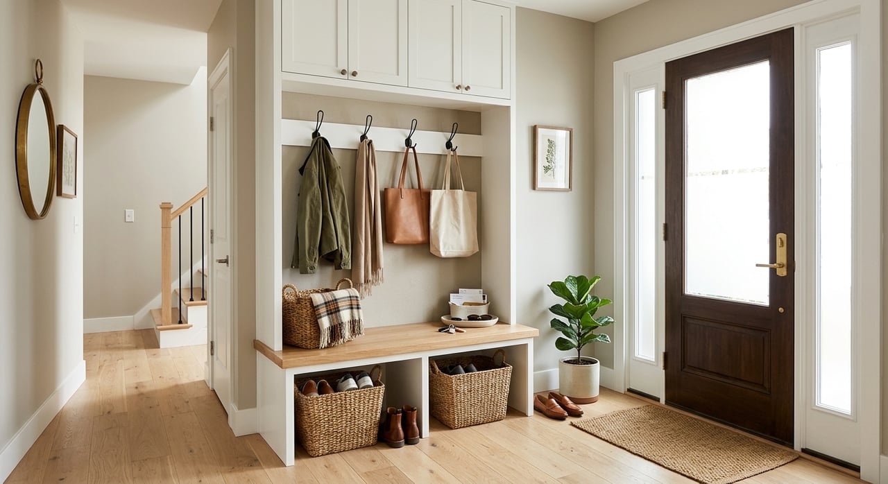 Entryway with a white built-in bench, black coat hooks, oak floor, and glass-paneled front door.