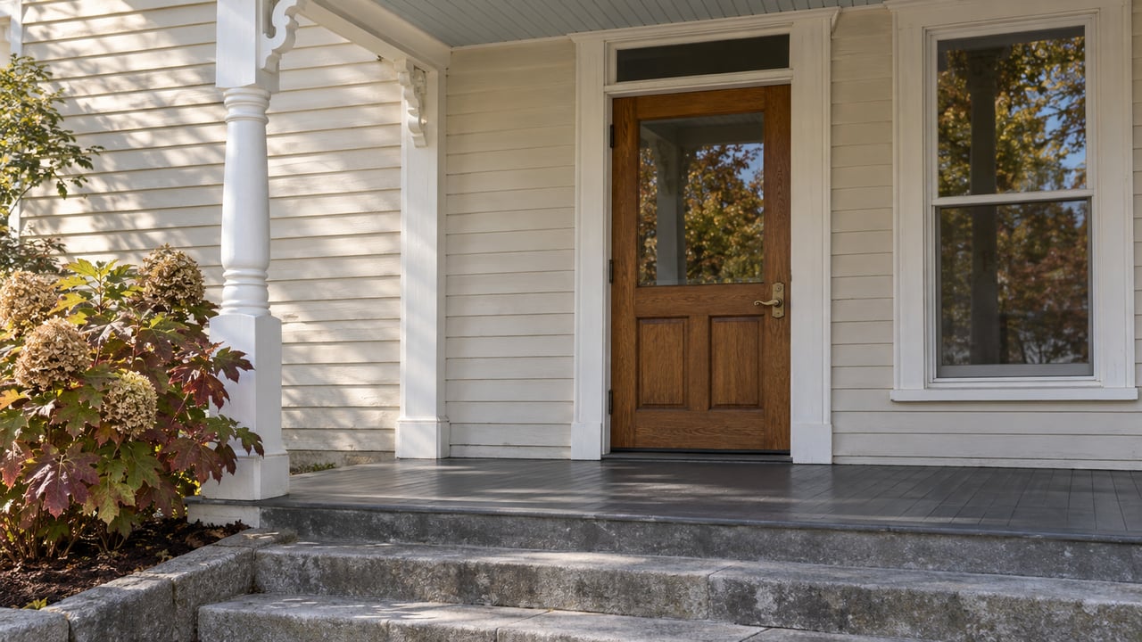 Sunlit painted porch of a character home with an oak glazed door, bluestone steps and autumn oakleaf hydrangea.
