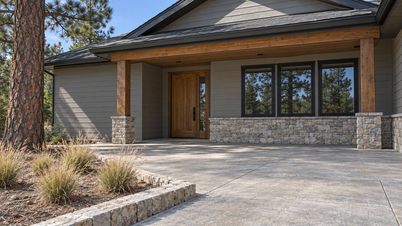 A covered entry with timber posts, gray-tan siding and stone accents opens onto a concrete terrace beside a mature ponderosa pine.