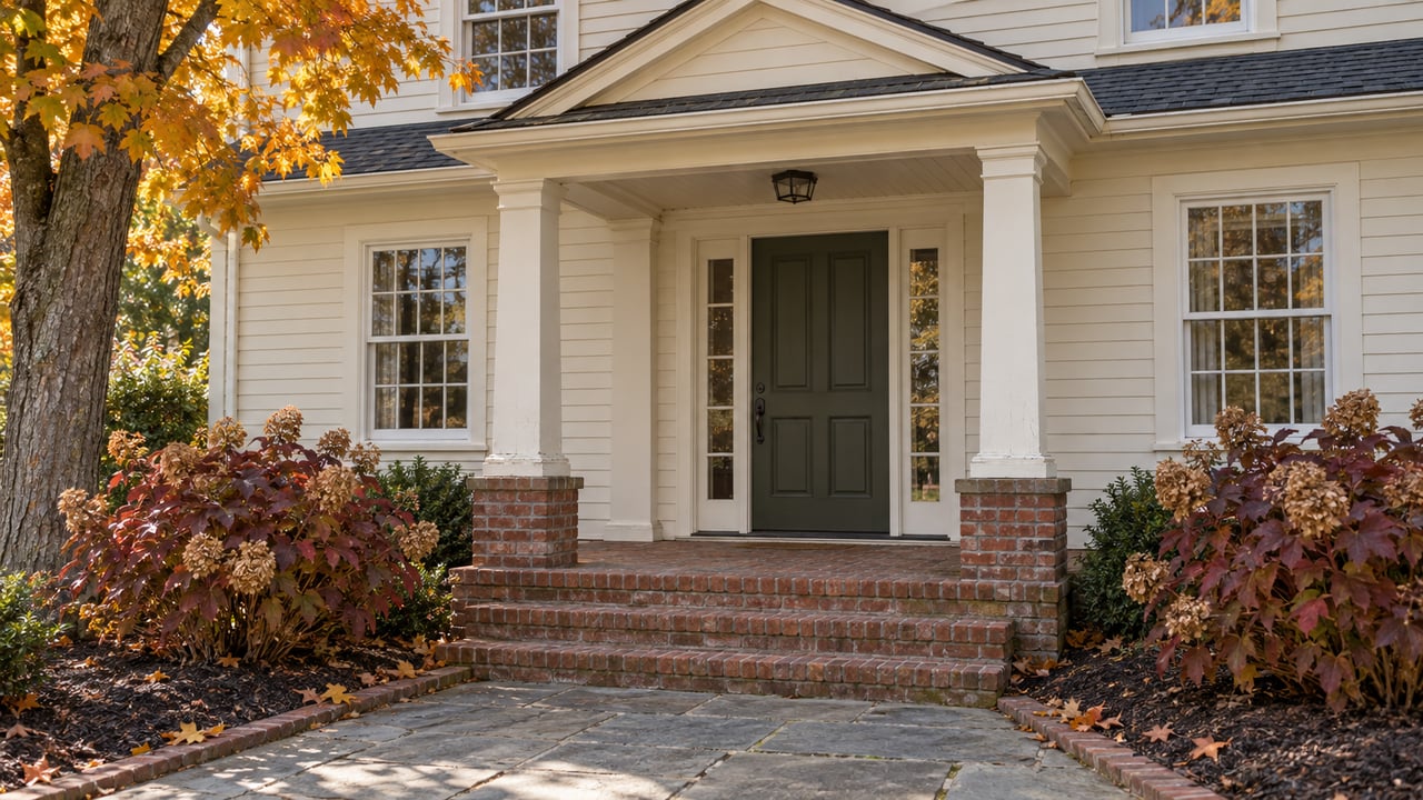 Ivory clapboard home with an olive front door, paired porch columns, brick steps and copper autumn foliage.