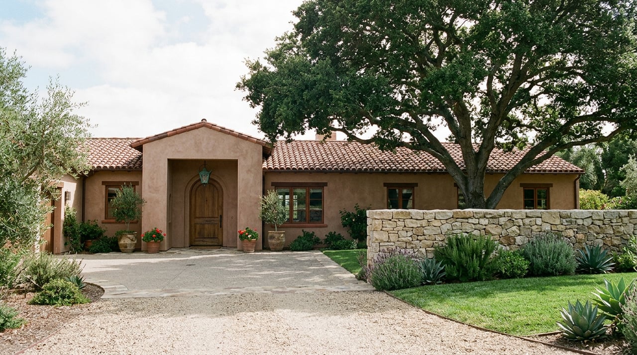 Terracotta Mediterranean home with a recessed arched entry, red tile roof, limestone garden wall, and spreading oak.