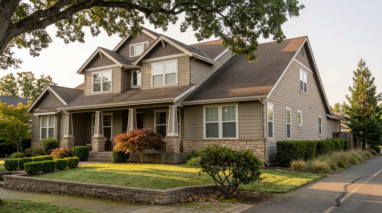 Two-story greige home with a stone porch, red Japanese maple, and a paved path beside the lawn.