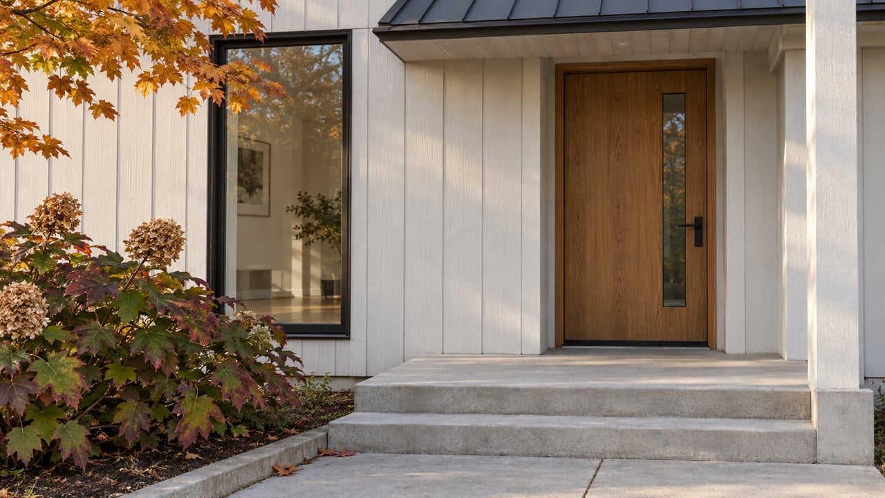Autumn light on an off-white sided home entrance with an oak door, black-framed window, concrete steps and oakleaf hydrangea.