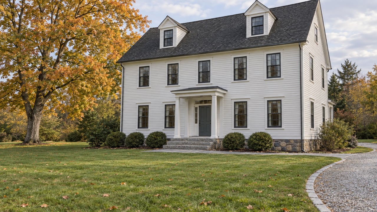 White clapboard home with a charcoal gabled roof, granite entry steps, deep autumn lawn, and a mature golden-leaved sugar maple.