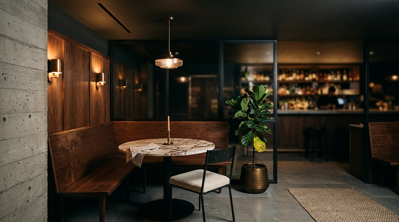 Restaurant dining nook with walnut banquette, veined marble table, bronze pendant, and blurred bar beyond glass partition.