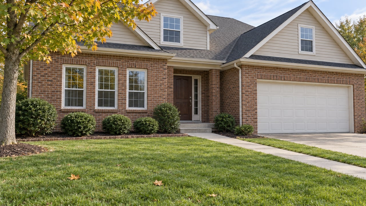 Brick and beige-sided two-story home with white-framed windows, an attached garage, a concrete entry walk and an autumn maple beside a deep lawn.