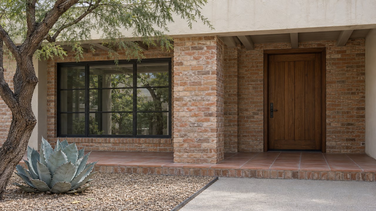 A pale stucco home's shaded porch with weathered brick, a timber door, steel casement window and a mesquite beside an agave.