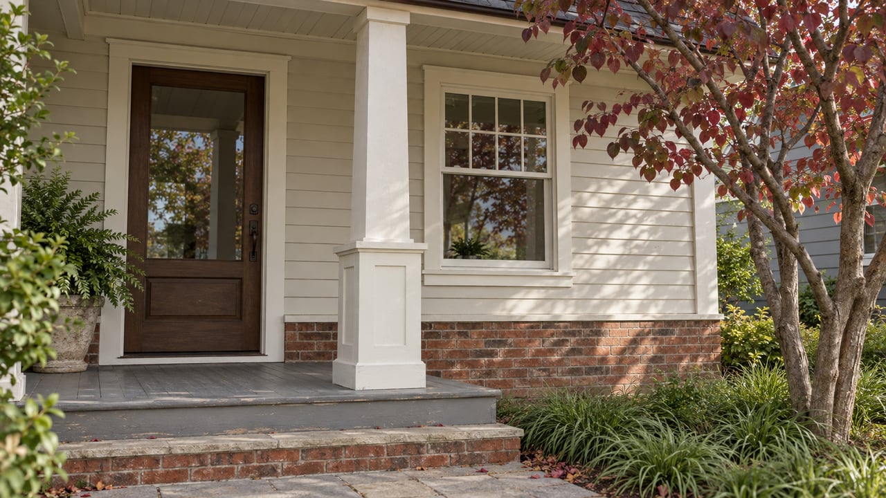 Compact home’s entry porch with cream siding, red brick, a glazed door, sash window, and redbud branches.