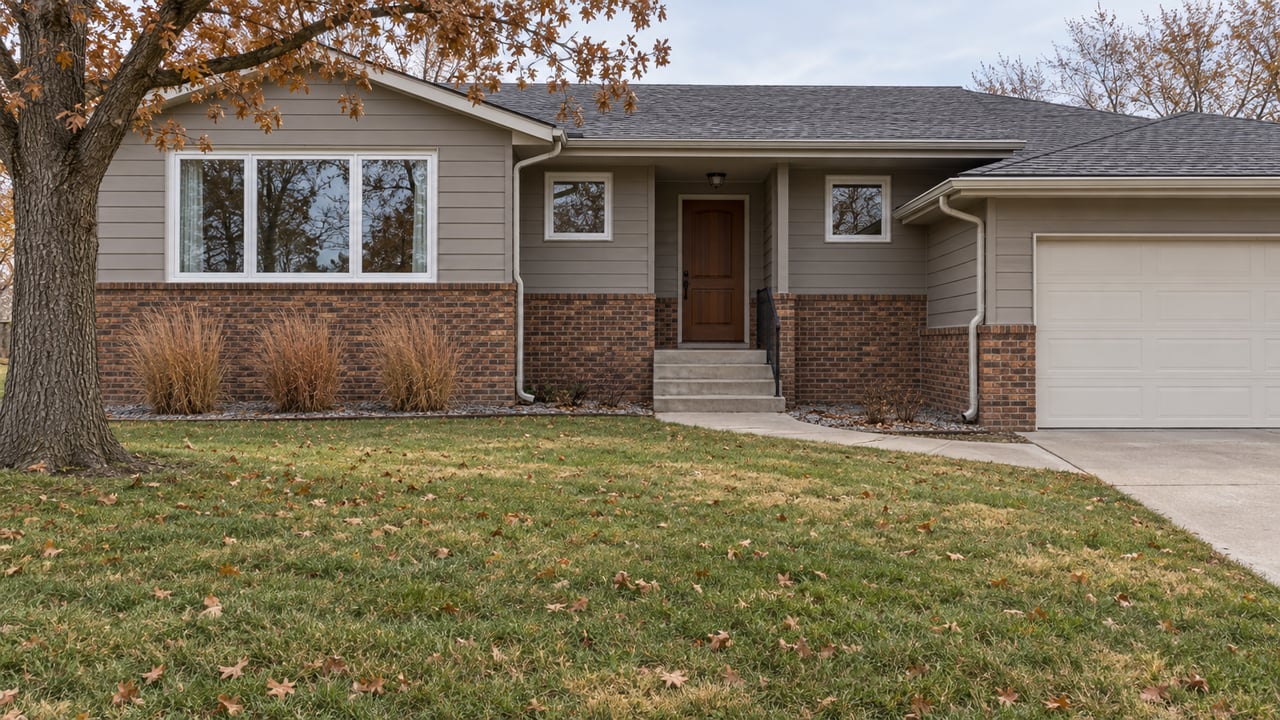 Split-level home with weathered brick, gray siding, a broad autumn lawn and a mature bur oak.