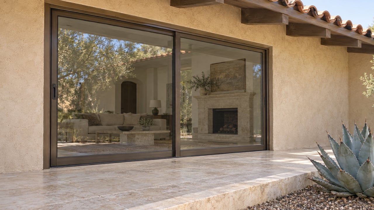 Closed bronze-framed glass doors beneath a terracotta-tile patio roof, beside a limestone curb and blue-leaved agave.