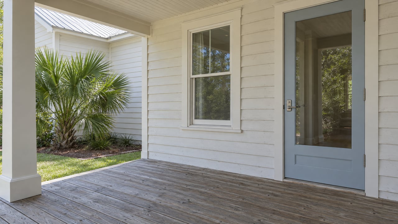 Sunlit white clapboard cottage porch with a glazed blue-gray door, weathered pine decking and a fan palm beside the lawn.