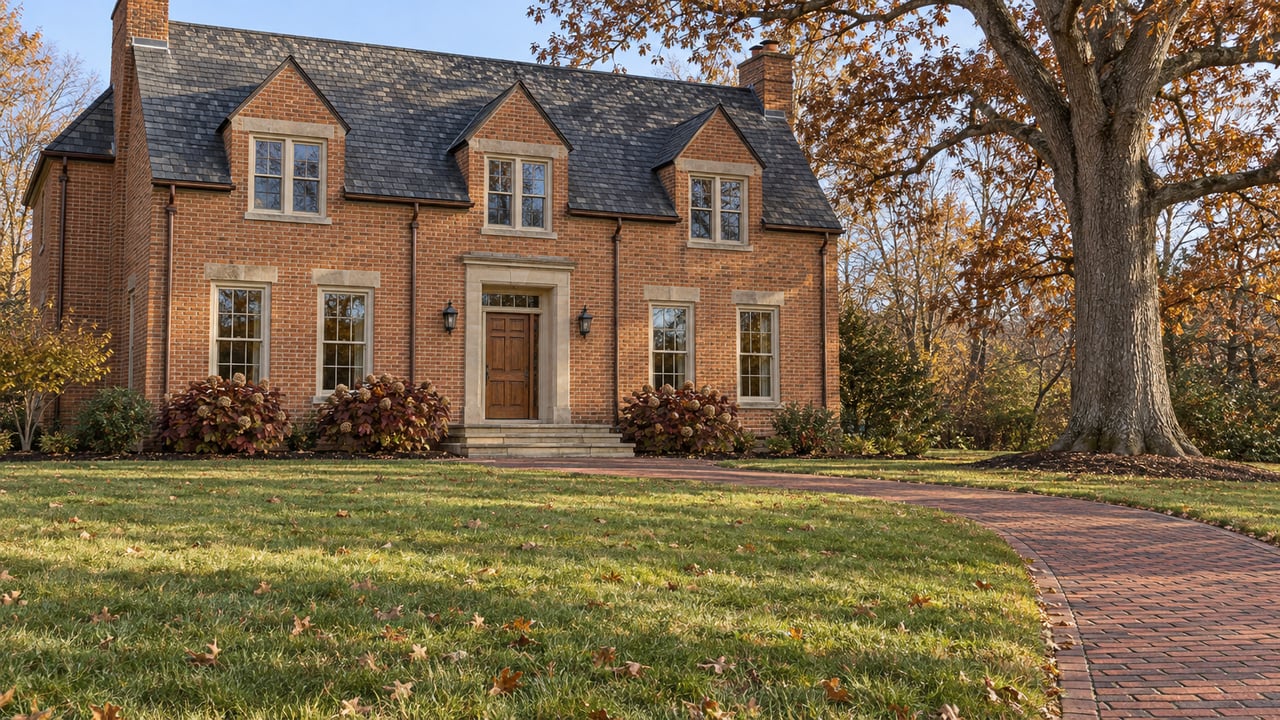 A substantial brick house with a slate roof sits beyond a deep autumn lawn, with a curved brick walk and mature white oak.