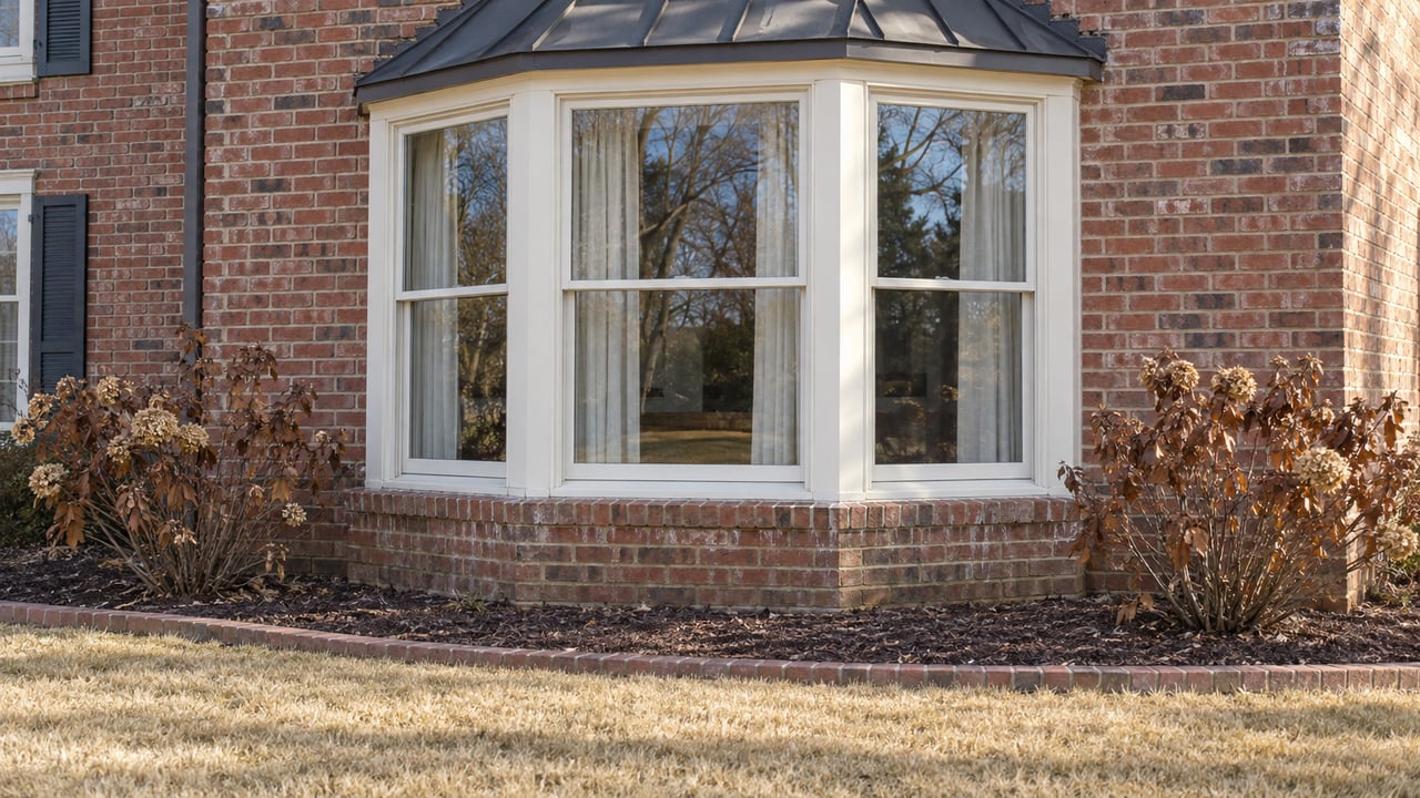 Winter sunlight on a red-brown brick home’s ivory-framed bay window above two oakleaf hydrangeas and a dormant lawn.