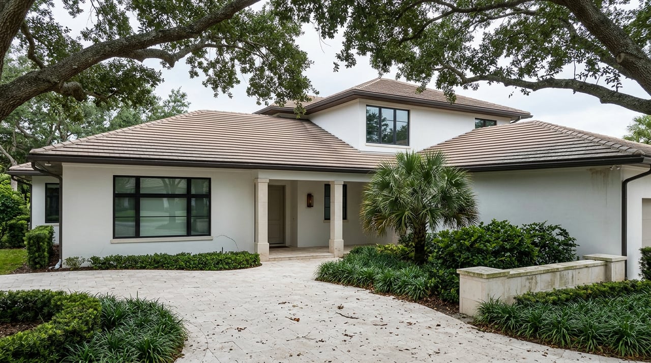 Two-story stucco estate with terracotta tile roof, live oak canopy, and curved travertine motor court.