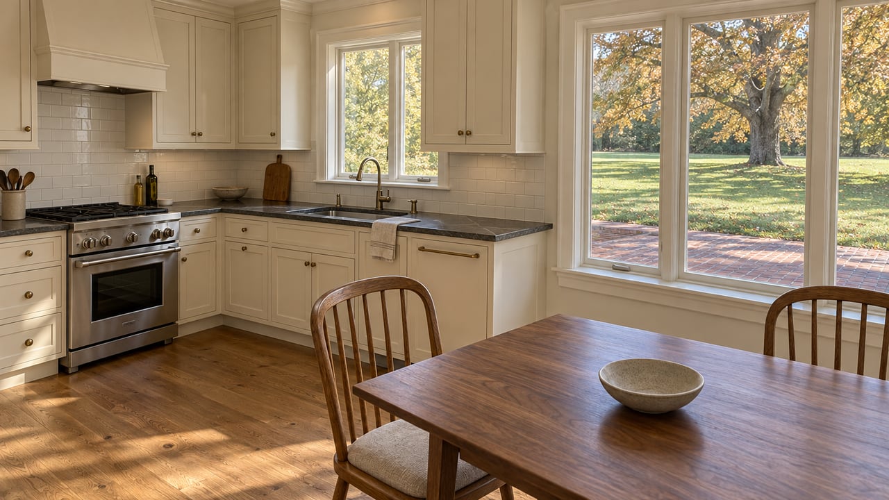 Cream cabinetry, soapstone counters and a walnut breakfast table in a sunlit kitchen overlooking a lawn and mature oak.